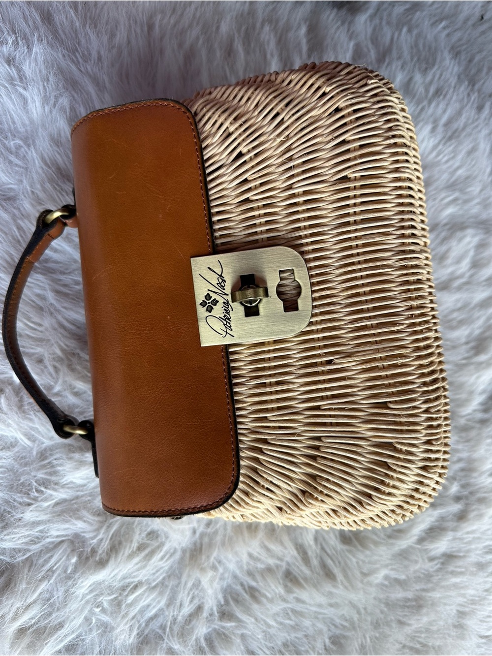 Patricia Nash Tan Leather & Woven Straw Crossbody Bag basket satchel - Picture 8 of 16